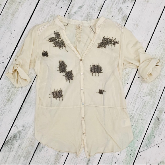 Anthropologie Tops - Anthropologie TINY Cream Beaded Shirt Blouse S